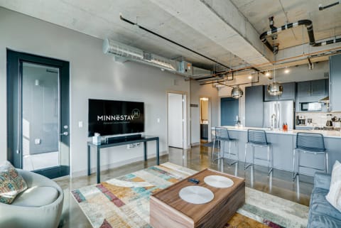 Contemporary apartment interior featuring living room and kitchen area.