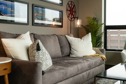 A gray sofa with decorative pillows in a stylish living room.