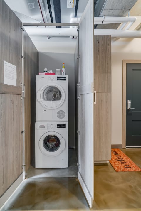 Enclosed laundry space showcasing stacked washer and dryer with cleaning supplies above.