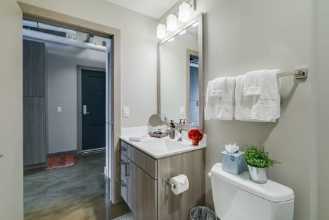 A clean and minimalist bathroom featuring a white countertop, light wood cabinetry, and decorative plants.