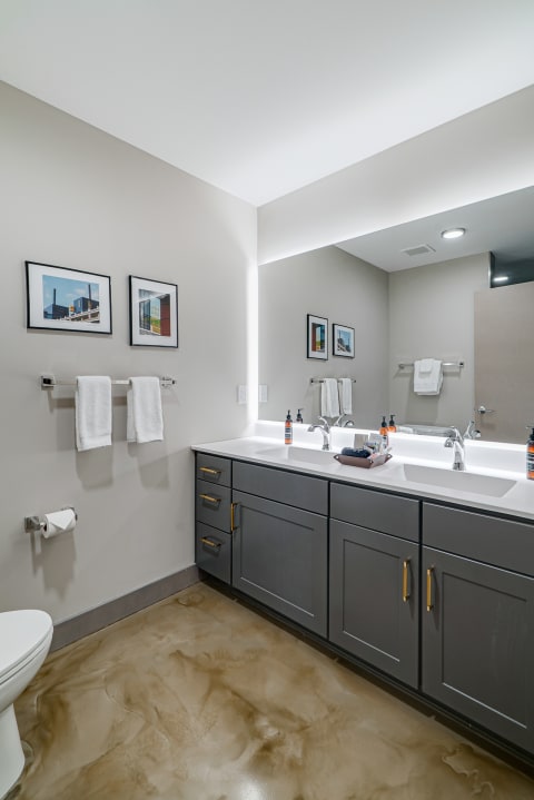 Modern bathroom with a gray double vanity, white towels, and artistic photographs on the wall.