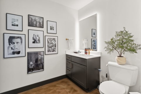 Modern bathroom featuring a sleek vanity, framed photographs, and a plant.