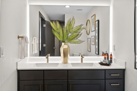 Sleek bathroom with double sink vanity, golden vase, and green leaves.