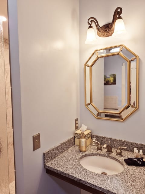 A stylish bathroom with granite countertop, ornate gold-framed mirror, and soft lighting.