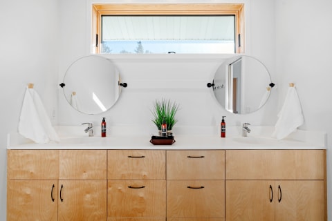 Modern bathroom vanity with round mirrors and decorative plants.