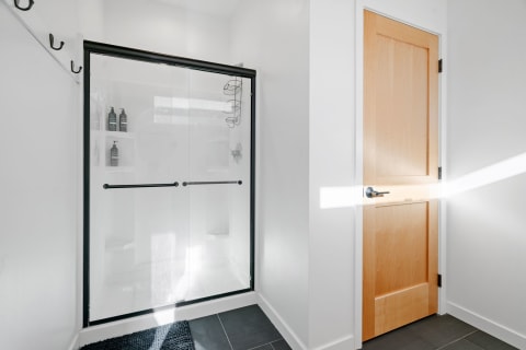 Contemporary bathroom with a glass shower enclosure and wooden door.