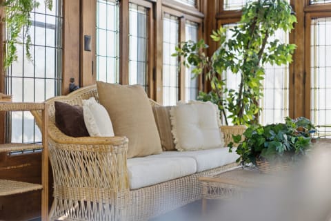 A cozy wicker sofa with cushions in a sunlit room filled with plants.