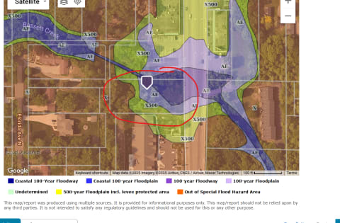 Aerial view of a flood zone map illustrating various flood risk categories and property location within the area.