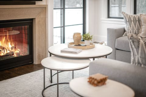Modern living room with a fireplace and coffee tables decorated with plants and books.