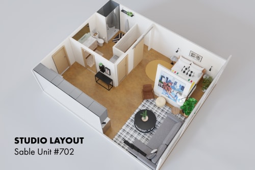 Detailed floor plan of a modern studio apartment showing the open layout and smart space design.